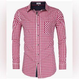 NWT - Men's Casual Checkered Grid Button Down Shirt - Red